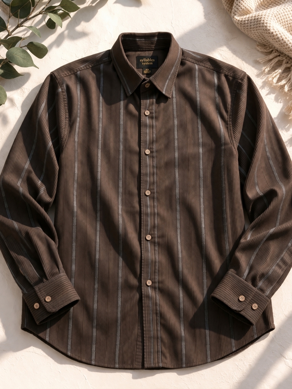 Mens Brown Striped Button Down Shirt Classic Minimalist Office Casual